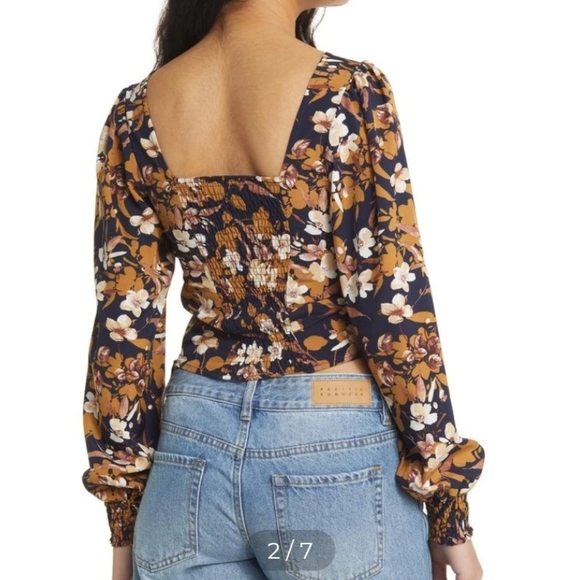 Vigoss Womens Summer Crop Top Long Sleeve Smoked Cuffs Side Zip Floral Browns - Picture 3 of 14